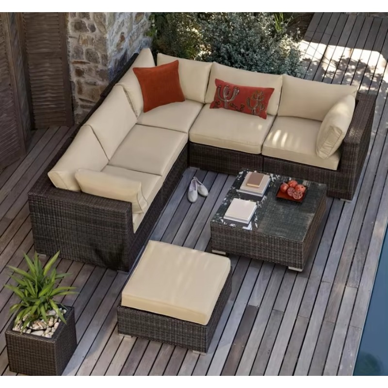 Outdoor Furniture Luxury - โซฟาหวายสำหรับสวนขนาดเล็ก 6 ที่นั่ง ชุดเฟอร์นิเจอร์หวายสำหรับนั่งพักผ่อนกลางแจ้ง