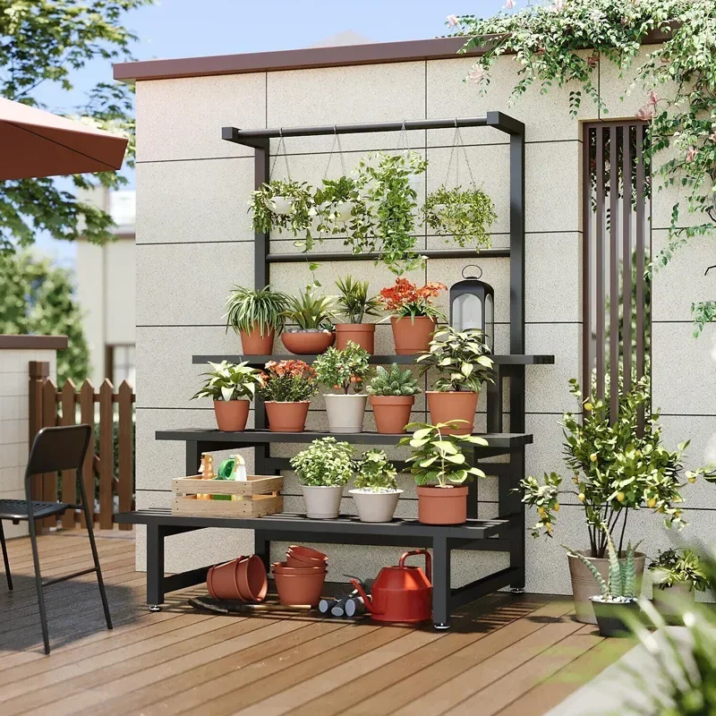Outdoor Furniture Luxury - ชั้นโชว์เป็นชั้นๆชั้นวางของอเนกประสงค์สำหรับวางต้นไม้ทรงสี่เหลี่ยมทำจากโลหะหรูหราสำหรับวางเก้าอี้สตูลสีดำหรูหรา