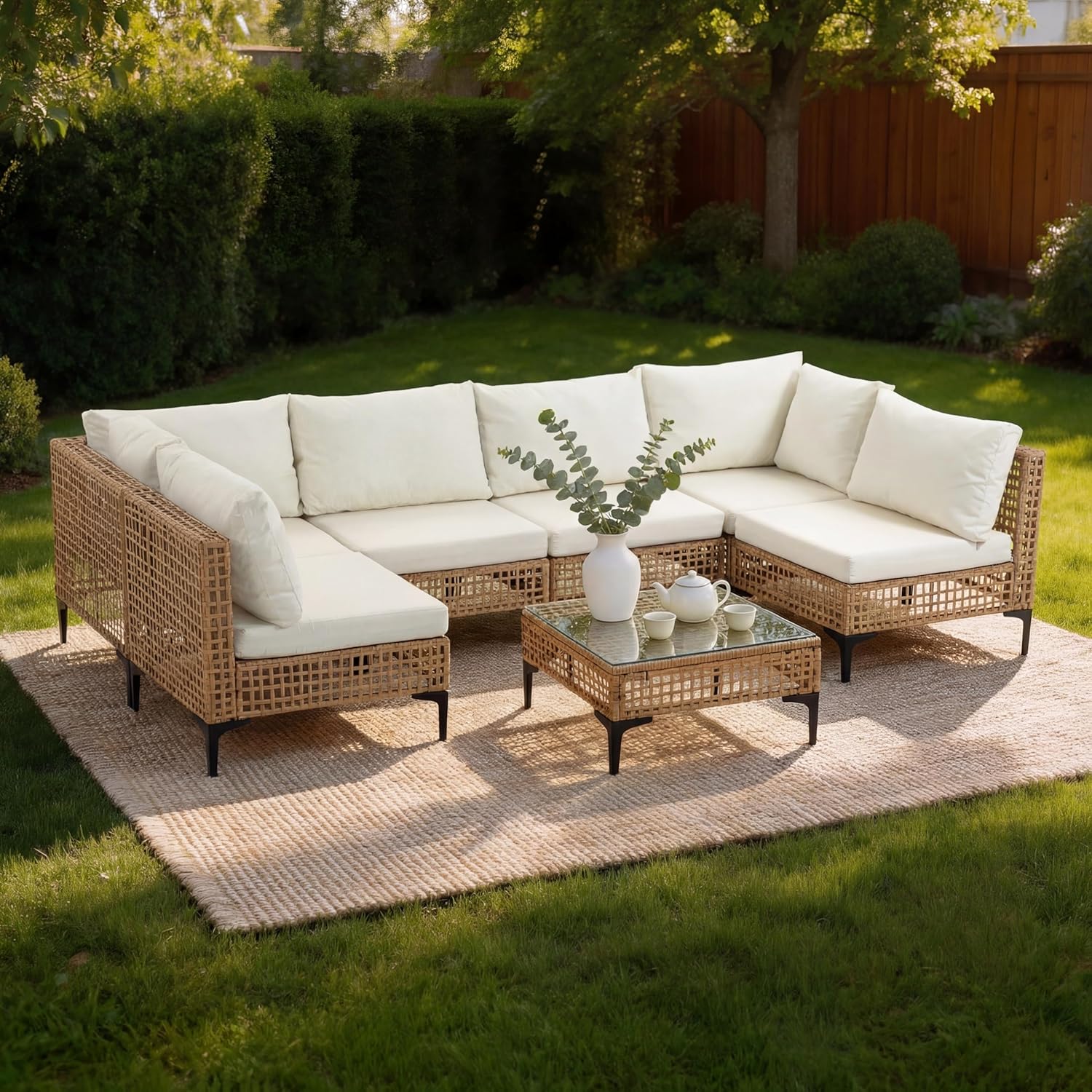 Outdoor Furniture Luxury - ชุดโซฟาหวายสำหรับนั่งพักผ่อนกลางแจ้ง 7 ชิ้น ทนทานทุกสภาพอากาศ พร้อมเบาะกันน้ำ สามารถสั่งทำได้