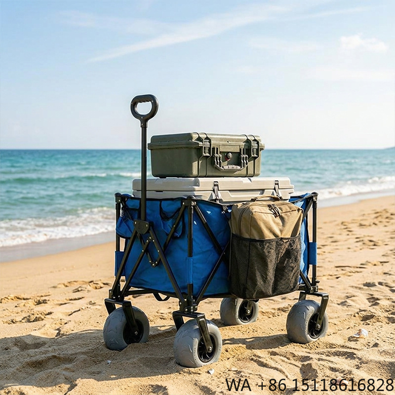 Outdoor Furniture Metal - รถเข็นชายหาดโลหะพับได้ ล้อบอลลูนหมุนได้ ถอดประกอบง่าย ขนาดกะทัดรัดและกว้างขวาง เหมาะสำหรับการตั้งแคมป์