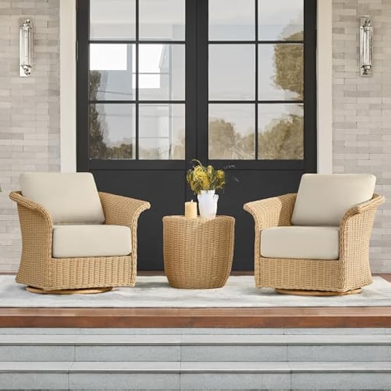 Outdoor Furniture Metal Chairs - ชุดเฟอร์นิเจอร์บิสโทรกลางแจ้ง 3 ชิ้น ประกอบด้วยเก้าอี้หมุนได้ พร้อมพนักพิงตามหลักสรีรศาสตร์ และเบาะรองนั่งกันน้ำแบบถอดได้