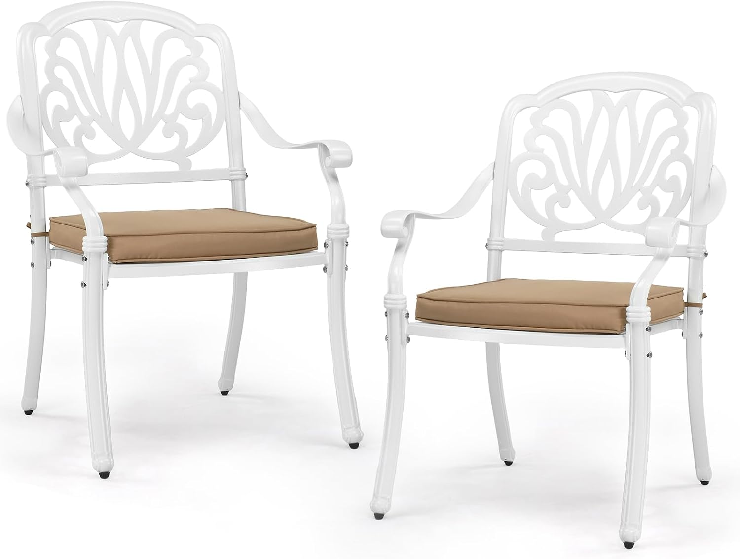 Outdoor Furniture Metal Chairs - ชุดเก้าอี้รับประทานอาหารสำหรับลานกลางแจ้งทำจากอะลูมิเนียมหล่อ, เก้าอี้มีที่วางแขนแบบซ้อนกันได้พร้อมเบาะรองนั่งนุ่มสบาย, เฟอร์นิเจอร์นั่งเล่นลายดอกไม้โลหะสำหรับลานหลังบ้าน ริมสระน้ำ ระเบียง สวน
