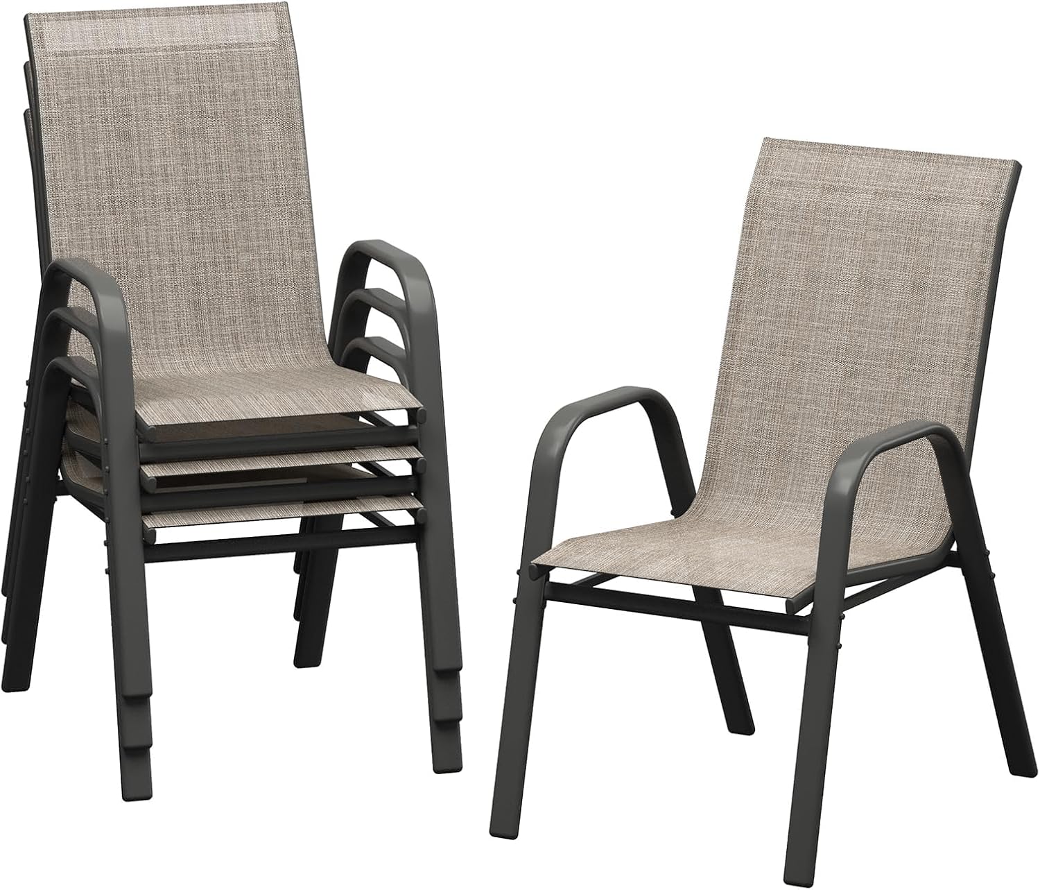 Outdoor Furniture Metal Chairs - ชุดเก้าอี้รับประทานอาหารกลางแจ้ง 4 ตัว, เก้าอี้กลางแจ้งแบบซ้อนได้พร้อมที่วางแขน, ผ้าเท็กซ์ไทล์ทนทุกสภาพอากาศ, โครงเหล็กแข็งแรงทนทาน,