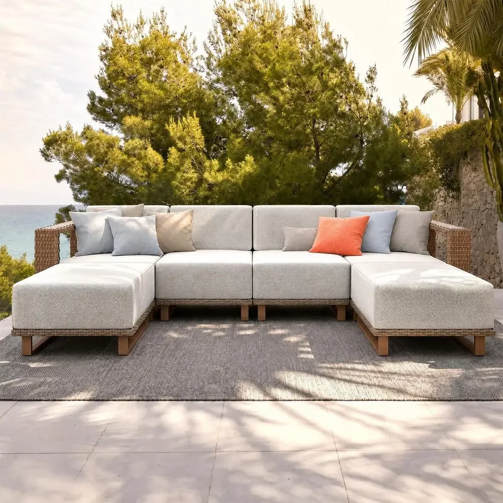 Outdoor Furniture Luxury - ชุดโซฟาหวายกลางแจ้ง 6 ชิ้น พร้อมเบาะหนานุ่มสำหรับลานบ้านและสวน