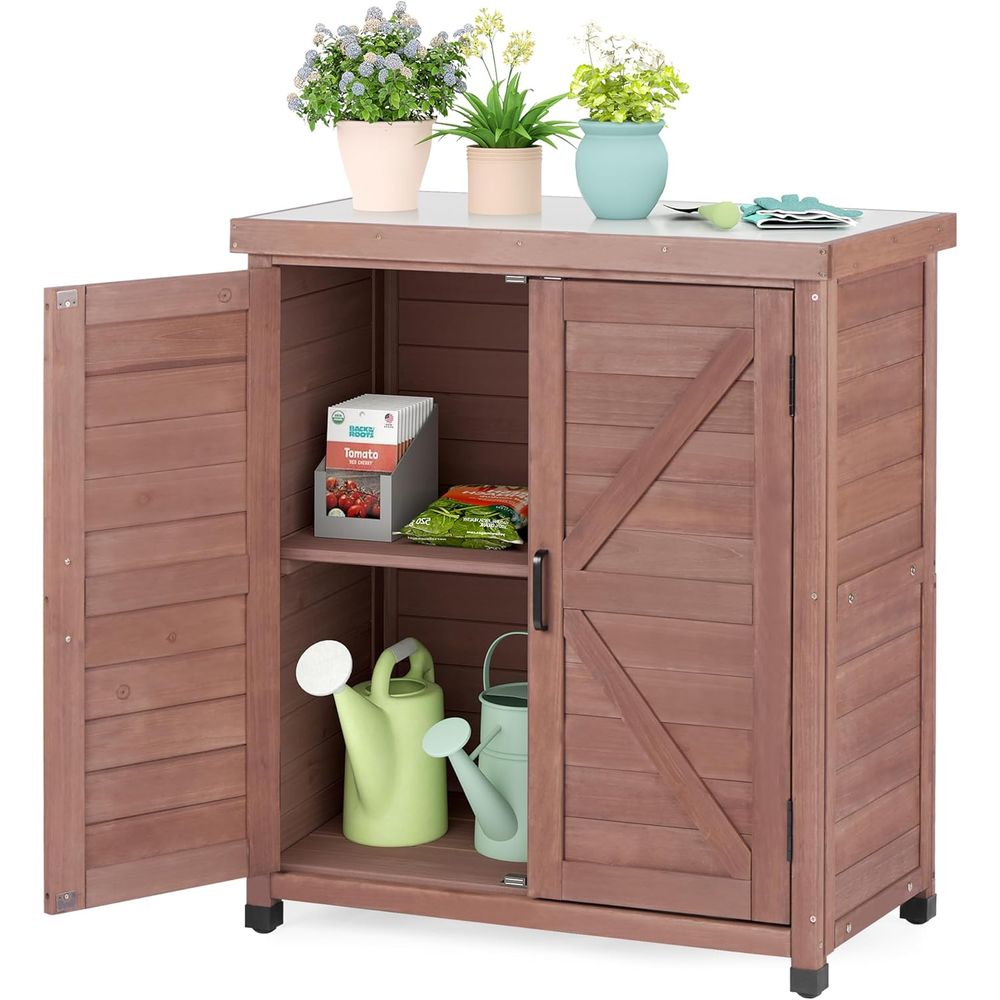 Outdoor Furniture Wood - ตู้เก็บของกลางแจ้งและโต๊ะทำงานปลูกต้นไม้พร้อมท็อปโลหะ เฟอร์นิเจอร์ไม้สำหรับลานบ้าน สถานีทำงานในสวน (สีน้ำตาลรอยัล ขนาด 36x31x17